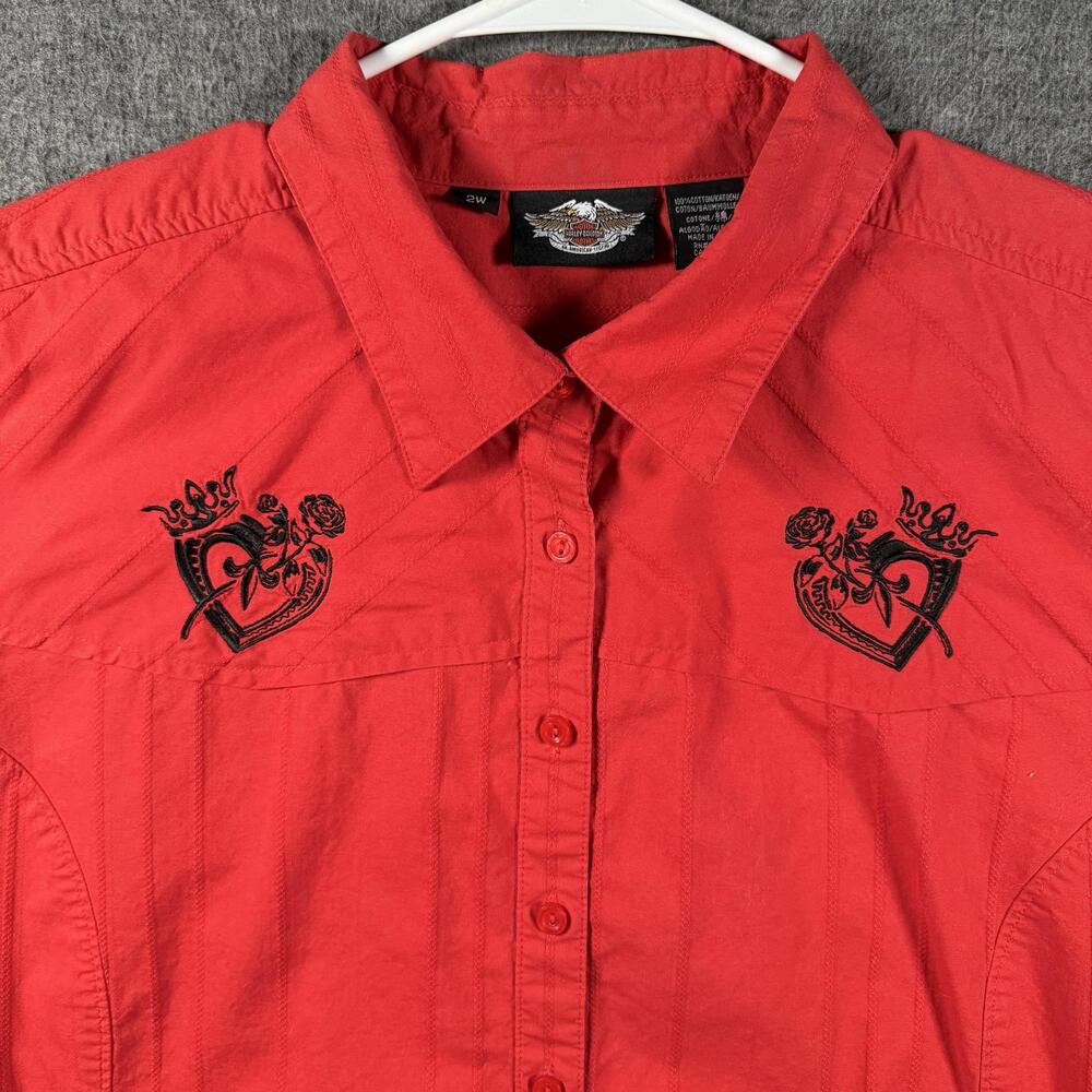 Harley-Davidson Shirt Womens 2W Red Y2K Heart Rose Button Up Biker Top Embroider